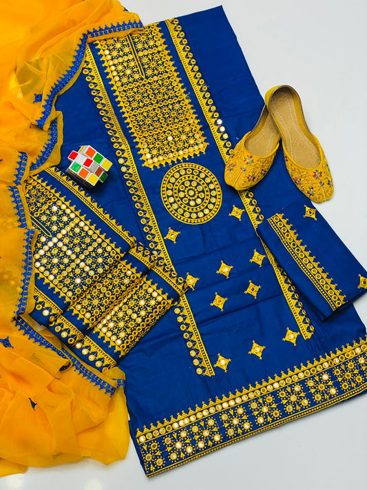 4pc Mirror Embroidered Dress Yellow/Blue (Khussa Gift)