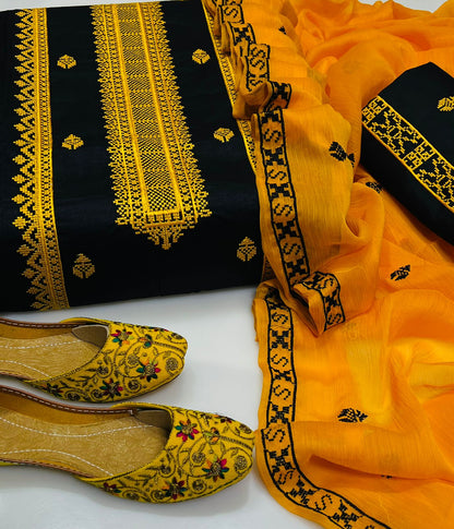 4pc Embroidered Dress Yellow/Black (Khussa Gift)