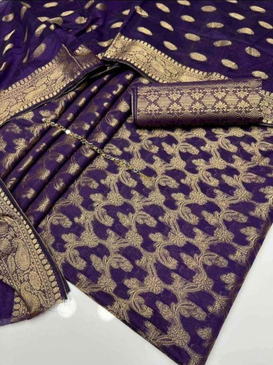 3pc Purple Banarsi Style Cotton Jacquard Dress