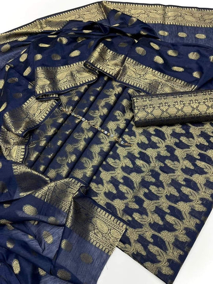 3pc  Blue Banarsi Style Cotton Jacquard Dress