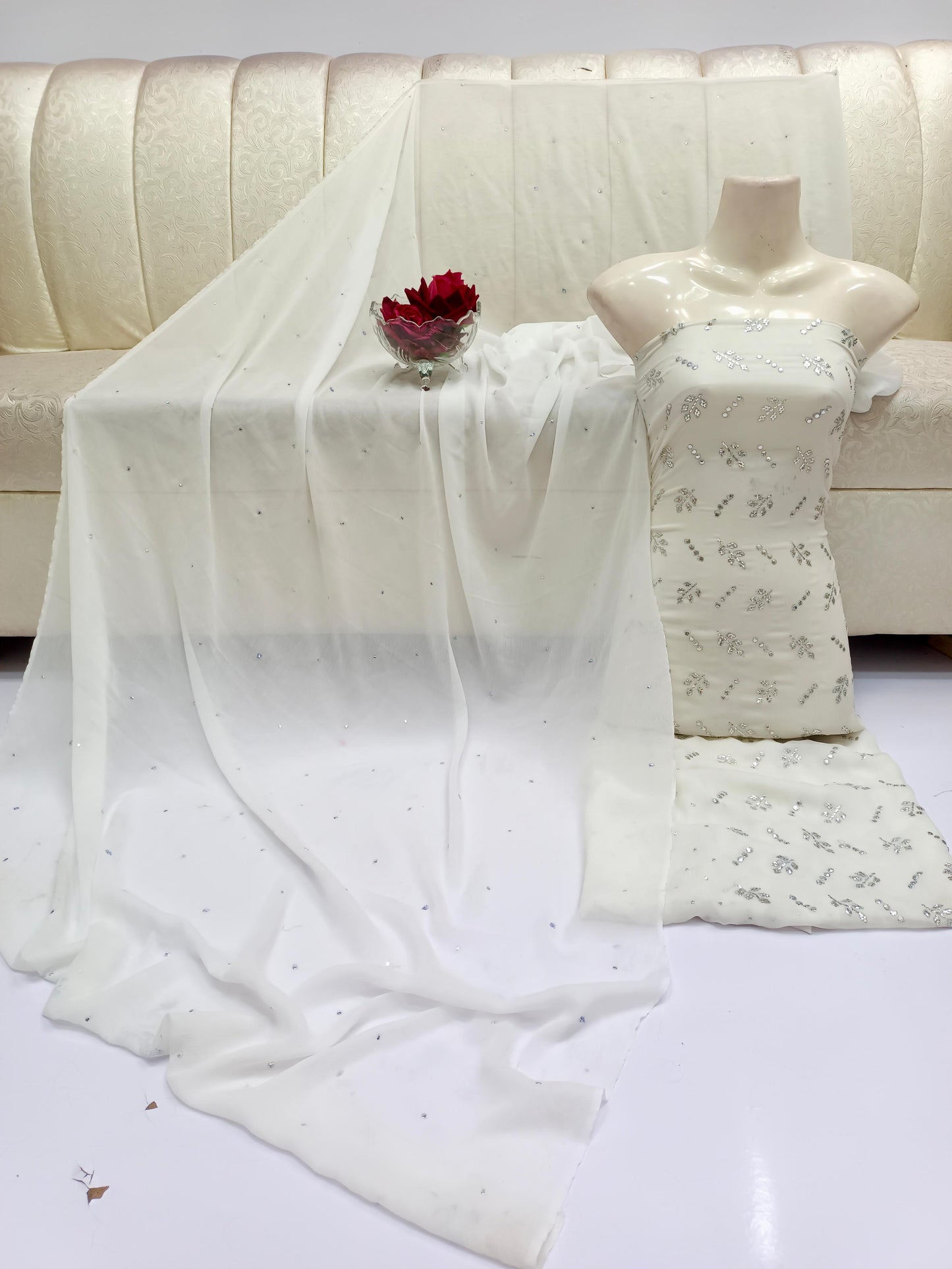 2pc Chiffon Mukesh Work(Shirt& Dupatta) White