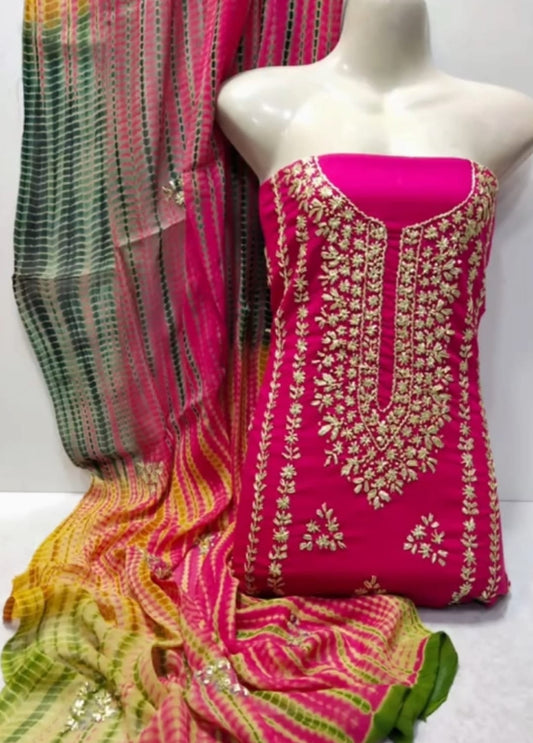 3pc Lawn Gotta Work Jall  Dress (Tie & Dye Dupatta) Pink